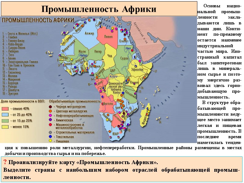Промышленность Африки      Основы нацио-нальной промыш-ленности закла-дываются лишь в наши